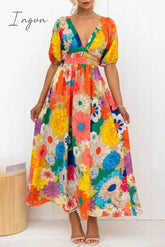 Ingvn - Sweet Elegant Floral Patchwork V Neck Printed Dress Dresses
