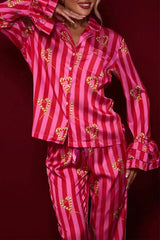 Ingvn - Casual Daily Striped Printing Turndown Collar Long Sleeve Two Pieces