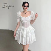 Ingvn - Fashion V Neck Ruffles Pleated Dress Women Puff Sleeve Chic White Summer MINI Dress Party Hollow Out Vintage Corset Ladies