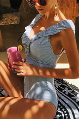 Ingvn - Ruffled Striped One-Piece Swimsuit ( 3 Colors)