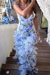 Ingvn - Sexy Not Positioning Printed Flowers Patchwork Flounce V Neck Sling Dresses