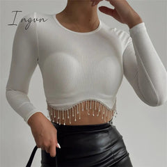 Ingvn - Loose Rhinestone Women Crop Top 2023 Spring Long Sleeve O-neck Tassel Hem Female T-shirt Casual Chic Streetwear Lady Tshirt
