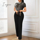 Ingvn - Jumpsuit for Women Sexy See Through Net Beaded High Collar Short Sleeve Wide Leg One Piece Rompers Cocktail Party Club Wear