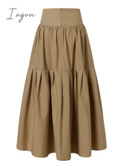 Ingvn - 2023 Fashion High Waist Skirt Women Vintage Pleated Zipper Swing Long Skirt Casual Loose Solid A-line Party Beach Skirt