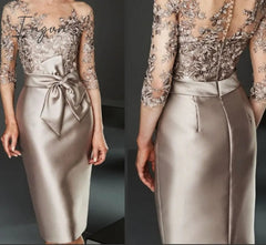 Ingvn - Silver Champagne Short Knee Length Lace Mother of the Bride Dresses Three Quarter Sleeves Mother Formal Wedding Guest Gown