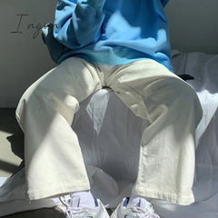 Ingvn - Beige Corduroy Wide Leg Pants Women Korean Style Soft Girl Pink Spring Plus Size Black Trousers For Female Oversize