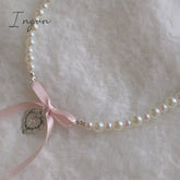Bowknot Love Cross Imitation Pearl Pendant Necklace for Women French Romantic Sweet Clavicle Chain Harajuku Fashion Y2K Jewelry