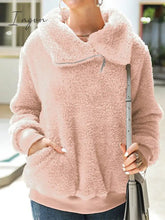 Ingvn - Women's Sweatshirt Pullover Fuzzy Teddy Pocket Quarter Zip Pink Green Khaki Solid Color Street V Neck Long Sleeve Fleece Top Micro-elastic Fall & Winter