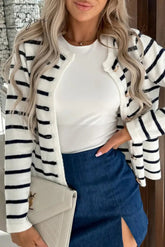 Ingvn - Elegant College Striped Buttons Contrast O Neck Outerwear