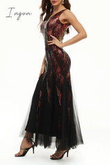 Ingvn - Celebrities Elegant Color Block Patchwork V Neck Evening Dress Dresses