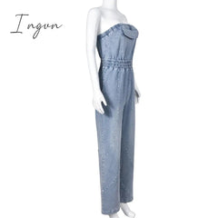 Ingvn - Fashion Women Pocket Front Strapless Sleeveless Denim Wide Leg Jumpsuit 2023 Summer Jean Romper One Piece Set Playsuit
