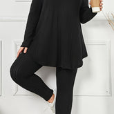Plus Size Long-Sleeve Cozy Women's Solid Ribbed Lounge Set, Casual Style Homewear Outfit For Fall/Winter