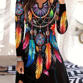 Boho-Chic Vintage Feather Print Dress - V-Neck, Long Sleeve, Stretchy Polyester Blend, Machine Washable - Perfect for Fall