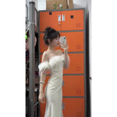 White Formal Dress High-end Luxury Niche French Temperament One Shoulder Dress Women's Autumn Birthday Gift Solid Color Dresses