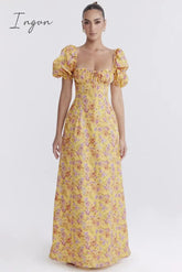 Ingvn - Elegant Puff Sleeve Loose Maxi Dress Women Gown Square Collar Backless A-line Lace-up French Retro Sexy Long Dress