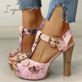 Ingvn - Flower Print Peep Toe Platform Chunky Heels