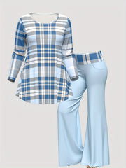 Women's Casual Outfits Set, Plus Size Plaid Print Long Sleeve Round Neck Top & Flared Leg Pants Outfits 2 Piece Set