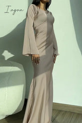 Ingvn - Elegant Solid Frenulum O Neck Wrapped Skirt Dresses
