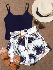 Lightweight Womens Vacation Shorts Outfit Set - Sleeveless V-Neck Cami Top with Vibrant Plants Print & Belted Paperbag Waist Loose Shorts - Effortless Summer Style Two-Piece Ensemble
