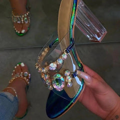 Ingvn - Rhinestone Chunky Heel Slip-On Flip Flop Pvc Slippers