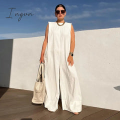 Ingvn - Solid Color Sleeveless Wide Leg Fitness Summer Fashion Female Loose White Black Casual Cool Jumpsuits for Women