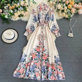 Ingvn - New Autumn Floral Print Dresses Women Turn Down Collar with Belt Single Breasted High Waist A Line Slim Dress