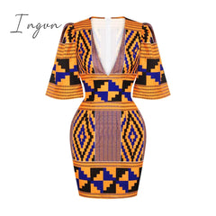 Ingvn - African Dresses for Women New Fashion Summer V-neck African Short Sleeve Printing Dress African Women Clothes