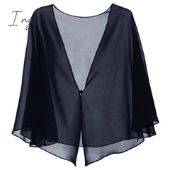 Ingvn - Womens Fashion Women Black Chiffon Bolero Prom Party V-neck with Button Shrug Elegant Simple Soft Casual Cape for Lady Evening Dress Red White