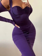 Ingvn - Trends Long Sleeve Satin Party Midi Dresses For Women Elegant Cut Out Autumn Winter Chest Wrapping Bodycon Dress Night Clubwear