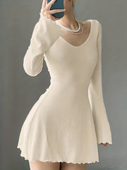 Stylish Solid Lettuce Trim Crew Neck Long Sleeve Dress - Elegant Women's Clothing for Everyday Wear - Comfortable, Relaxed Fit, Versatile, and Chic