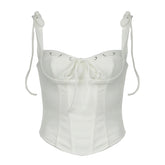 White Lace-up Bow Corset Top Women Vintage 2000s Sleeveless Skinny Cropped Tops Elegant Streetwear Tees y2k Coquette Vest