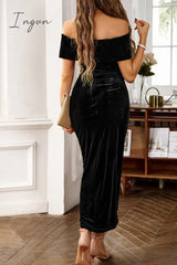 Ingvn - Elegant Solid Fold Off the Shoulder One Step Skirt Dresses