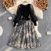 Ingvn - Elegant Mesh Knitted Stitching Dress Women Vintage Puff Sleeve Round Neck A Line Party Dresses Ladies Bandage Printing Dress