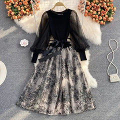 Ingvn - Elegant Mesh Knitted Stitching Dress Women Vintage Puff Sleeve Round Neck A Line Party Dresses Ladies Bandage Printing Dress