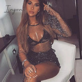 Ingvn - New Crystal Diamond Sexy Bodycon Dress Women Hollow Out Mini Dress Summer Fishnet Mesh Beach Dress Party Vestidos Ingvn