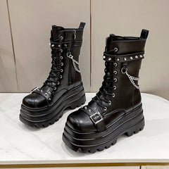 Autumn Winte Punk Halloween Witch Cosplay Platform High Wedges Heels Black Gothic Boots Women Shoes Big Size 42 Rivet Shoe