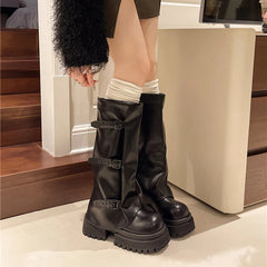 Ingvn Vintage Belt Buckle Women Western Cowgirl Boots Fashion Platform Thick Heel Shoes Ladies Concise Long Botas De Mujer