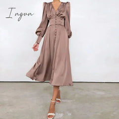 Ingvn - Dress Silk Satin Evening Party Dress Mid-Calf High Quality Empire Buttons Elegant Vintage Wedding Guest Maxi Dress SJY-6899