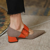 New Spring/Autumn Shoes Women Pointed Toe Chunky Heel Fabric High Heel Pumps Mixed Color Square Button Ladies Shoes