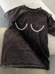 Rhinestone Round Neck Washed T-Shirt