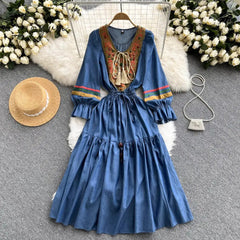 Ingvn - Quality Embroidered Denim Dress 2023 Summer Autumn National Korean Pleated A Line Long Sleeve Cowboy Dress Women Jeans Dress