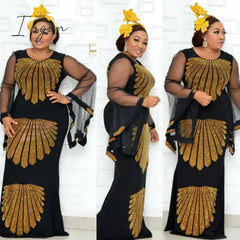 Ingvn - African mom dress fashion gauze horn sleeve hot diamond hip-covered fish tail large size stretch dress