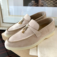 Trend New Kidsuede Women Flat Shoes Lazy Slip-on Metal Loafers Lady Casual Walk Shoes Woman Single Shoes Summer Real Leather