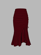 Solid Textured Drawstring Bodycon Skirt, Elegant High Waist Mermaid Hem Ruched Skirt, Women's Clothing
