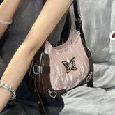 INGVN Y2k Women Shoulder Bag American Vintage Style Contrast Color Fashion Handbag Butterfly Harajuku Pink Ladies Armpit Bag