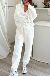 Ingvn - Casual Simplicity Solid Draw String Hooded Collar Long Sleeve Two Pieces