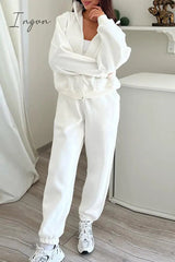 Ingvn - Casual Simplicity Solid Draw String Hooded Collar Long Sleeve Two Pieces