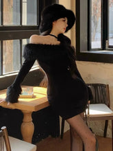Y2K Sexy Christmas Mini Dress for Women Off Shoulder Slash Neck Patchwork Bodycon Party Dresses Winter Sweet Prom Vestidos Robe