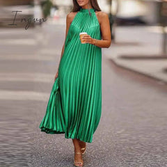 Ingvn - 2023 Fashion Women O Neck Long Dress Spring/Summer Casual Sleeveless Boho Pleated Dresses Lady Elegant Loose Beach Party Dresses