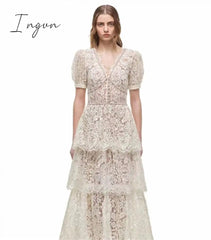 Ingvn - Summer Sexy Party Dress Women Single Breasted Long Sleeve Layer Ruffle Flower Embroidery Lace Tulle Maxi Dress Robe